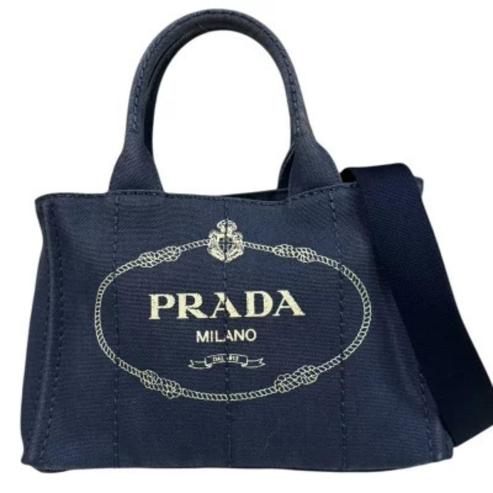 Prada Canapa Tote Shoulder Bag Canvas Navy Blue